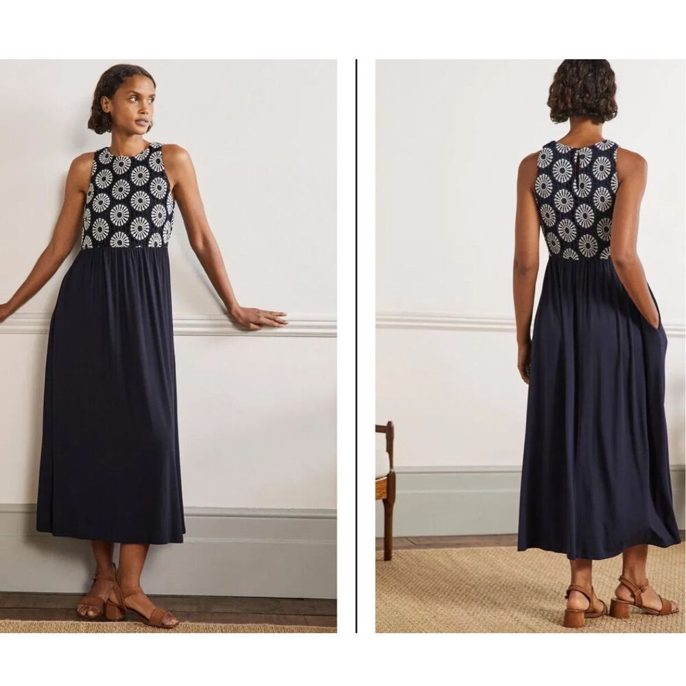 Boden Navy and White Midi Dress with crocheted bodice